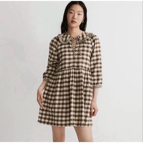 NEW Madewell Gingham Collared Puff-Sleeve Mini Dress Sz Medium Brown Tan Plaid C - Picture 1 of 14